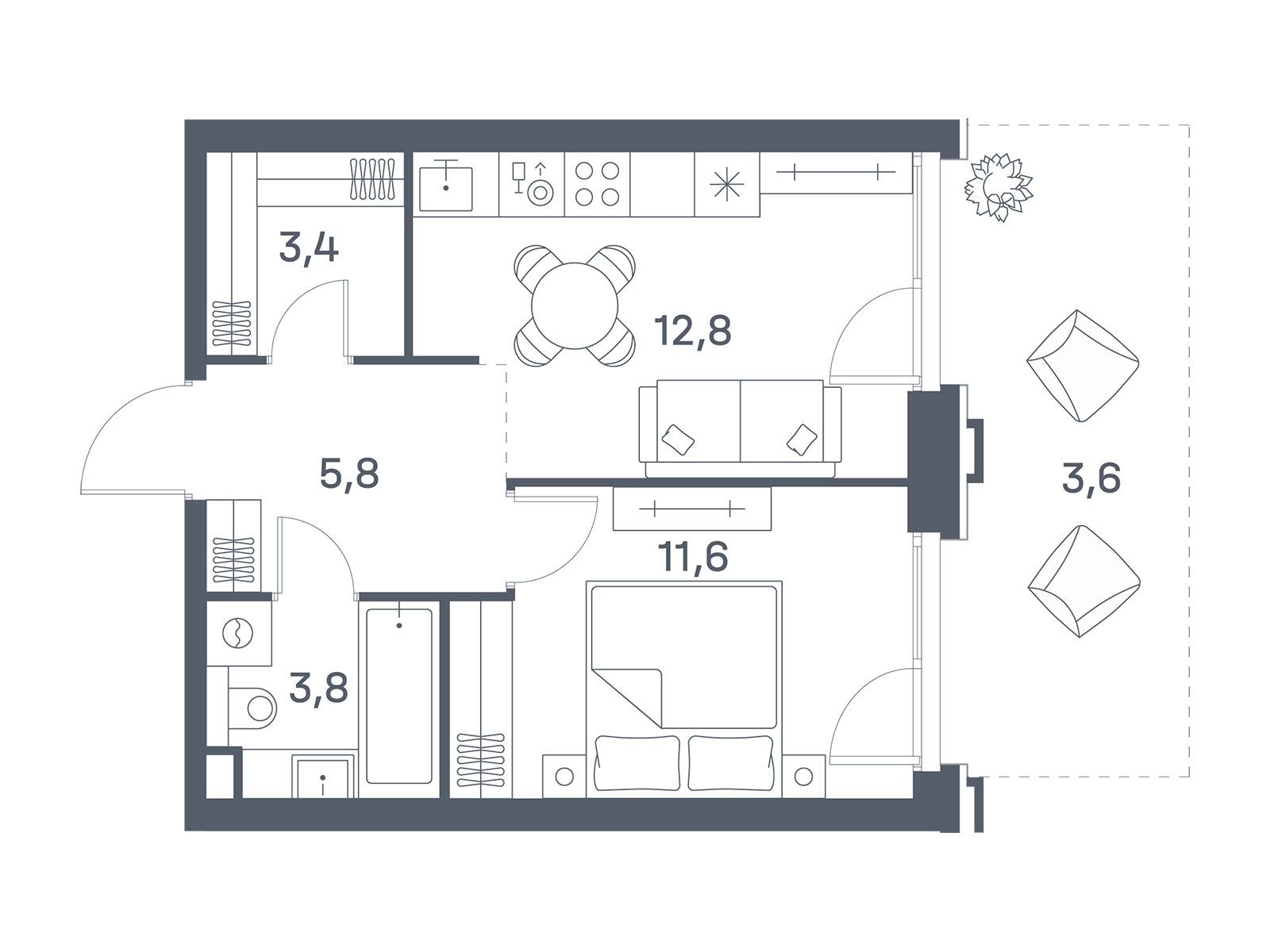 Планировка: 1-комн. квартира 41.00 м² в новостройке Портленд. Дом на берегу