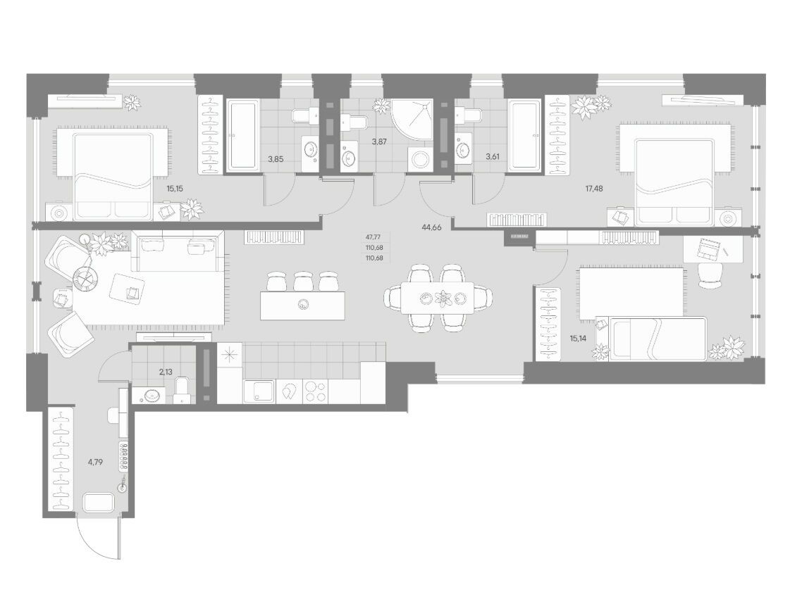 Планировка: 3-комн. квартира 110.68 м² в новостройке Авант