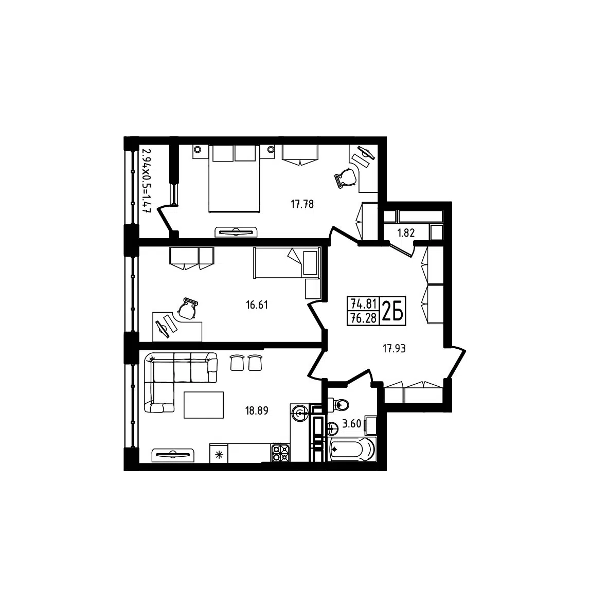 Планировка: 2-комн. квартира 76.28 м² в новостройке Яблоневый эко район