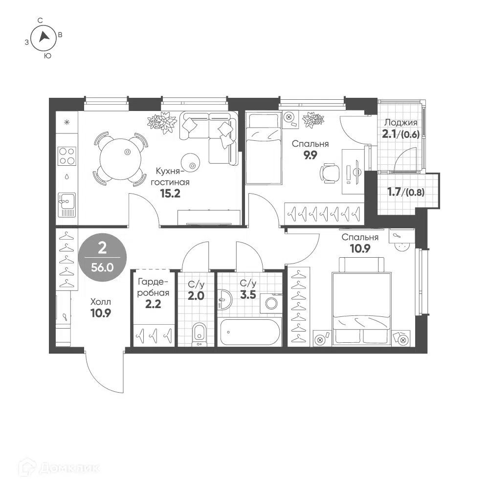 Планировка: 2-комн. квартира 56.00 м² в новостройке Зеленая Река