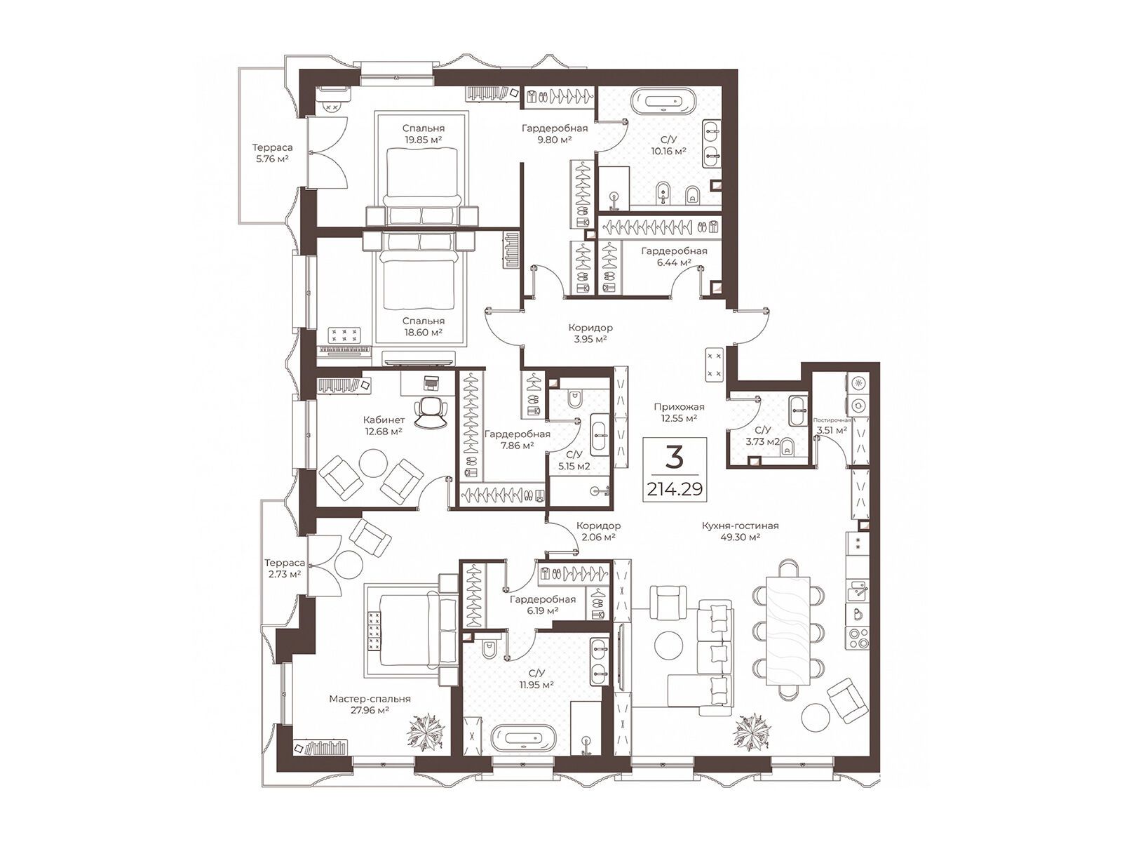 Планировка: 3-комн. квартира 214.29 м² в новостройке Клубный дом Воронцовъ