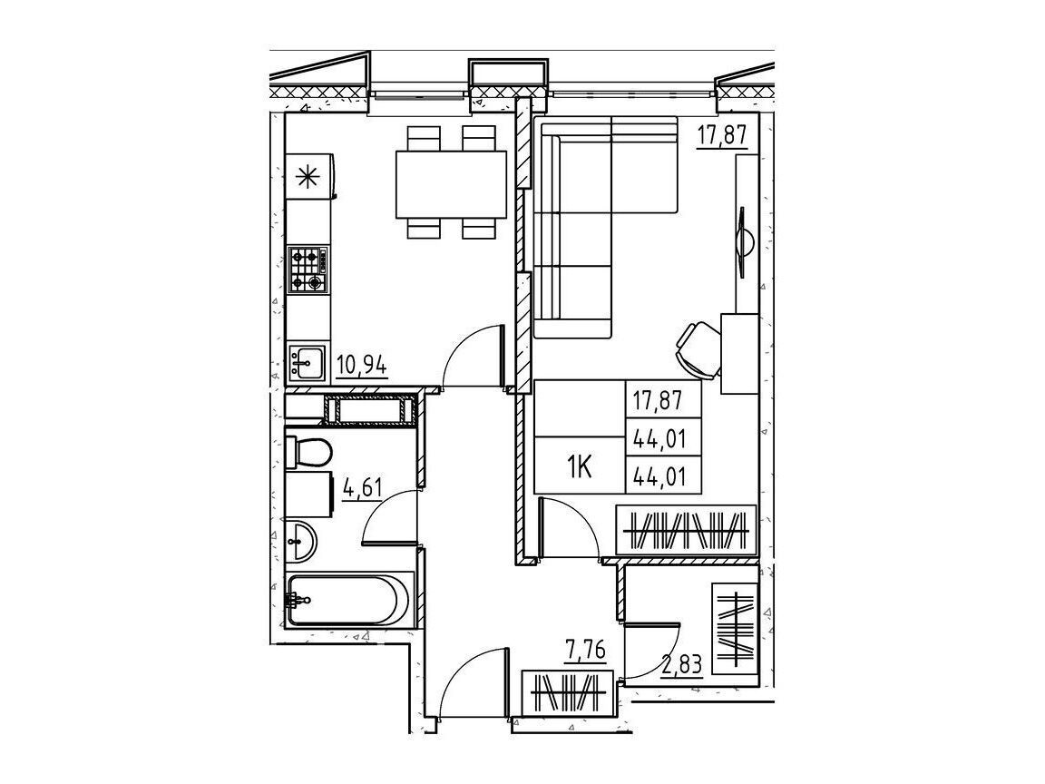 Планировка: 1-комн. квартира 44.01 м² в новостройке Бруно