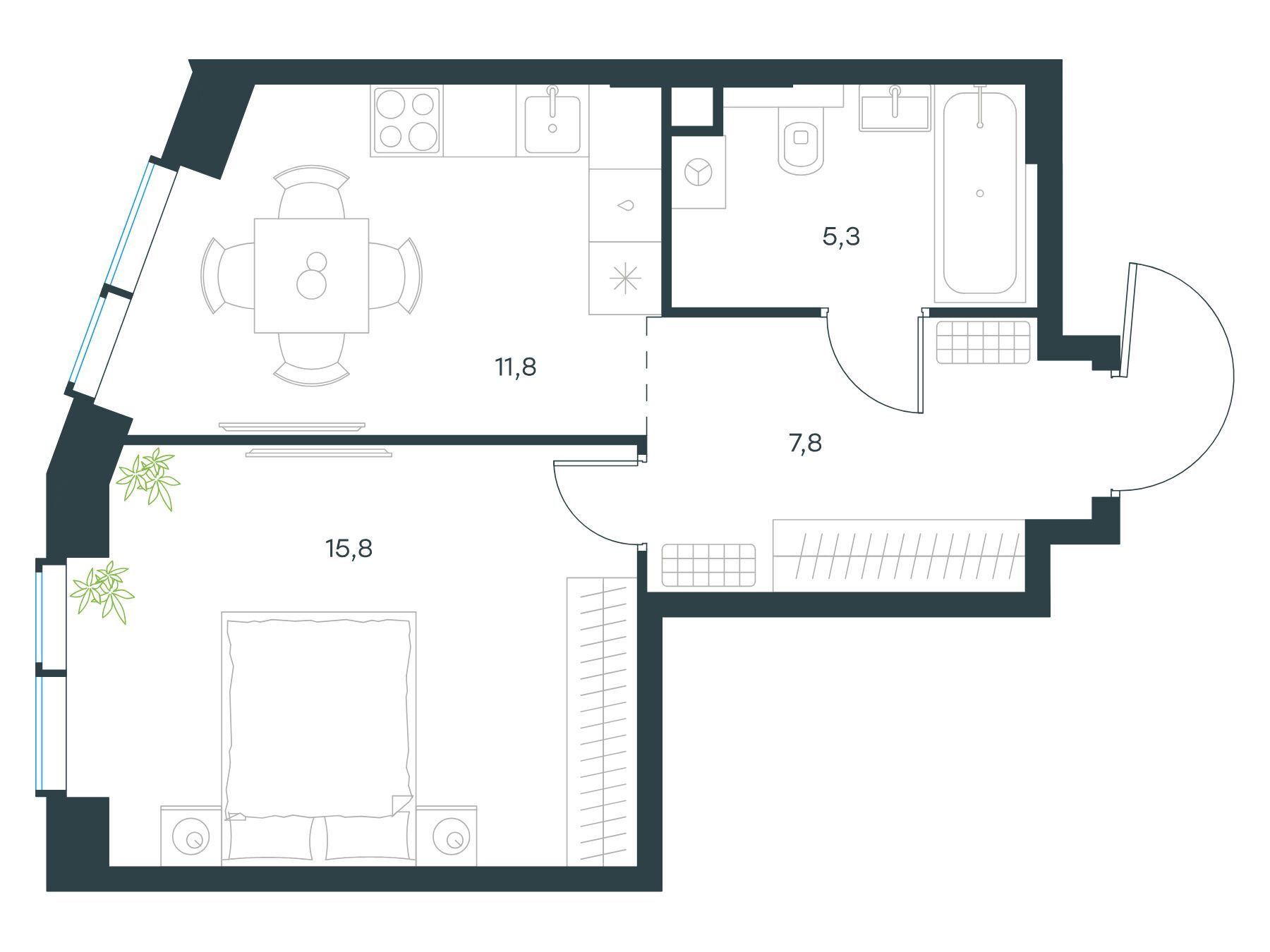 Планировка: 1-комн. квартира 40.70 м² в новостройке Левел Мичуринский