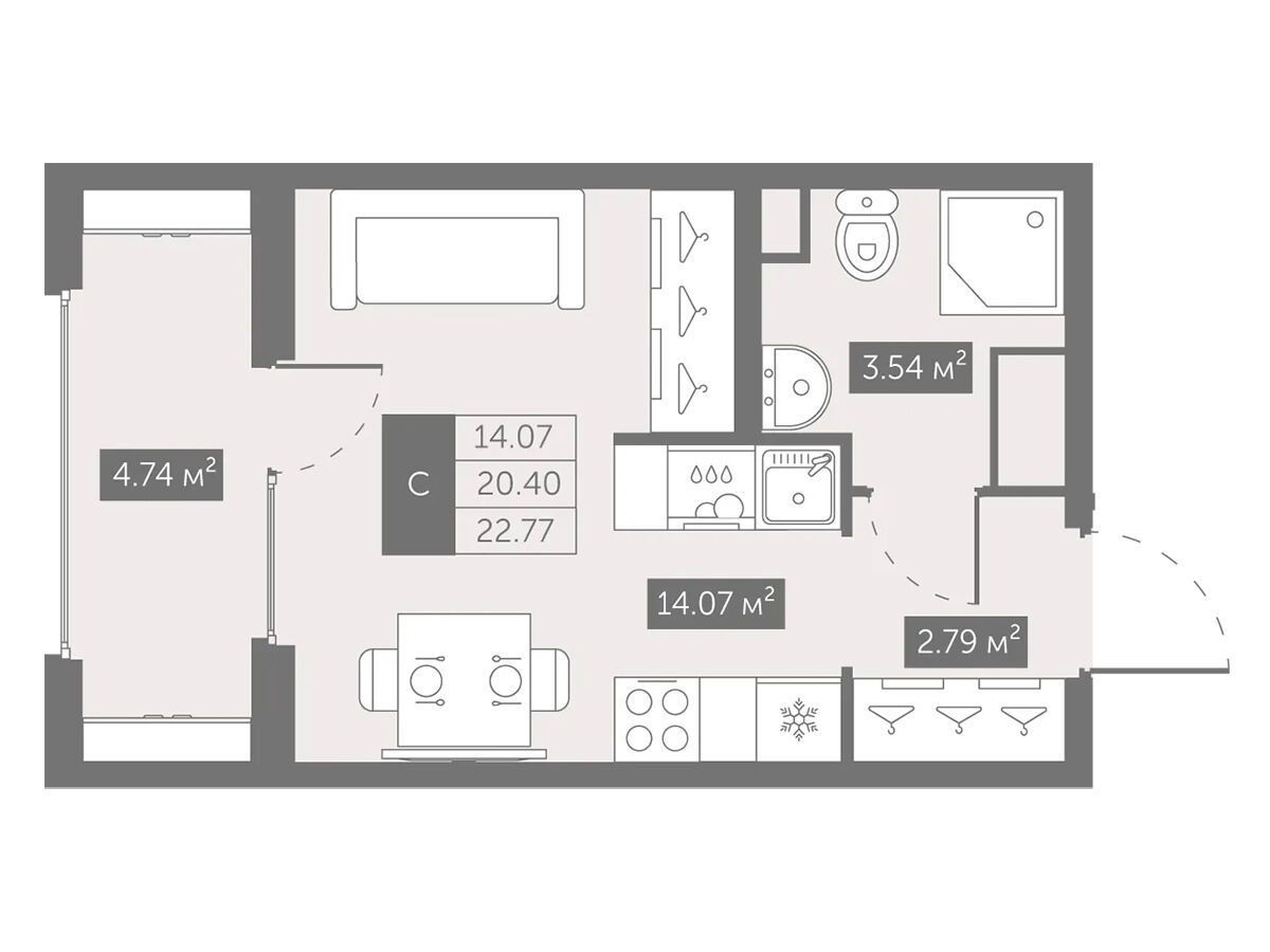 Планировка: Студия 22.77 м² в новостройке Новый Московский
