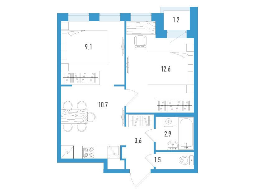 Планировка: 2-комн. квартира 41.00 м² в новостройке Аэросити Клаб