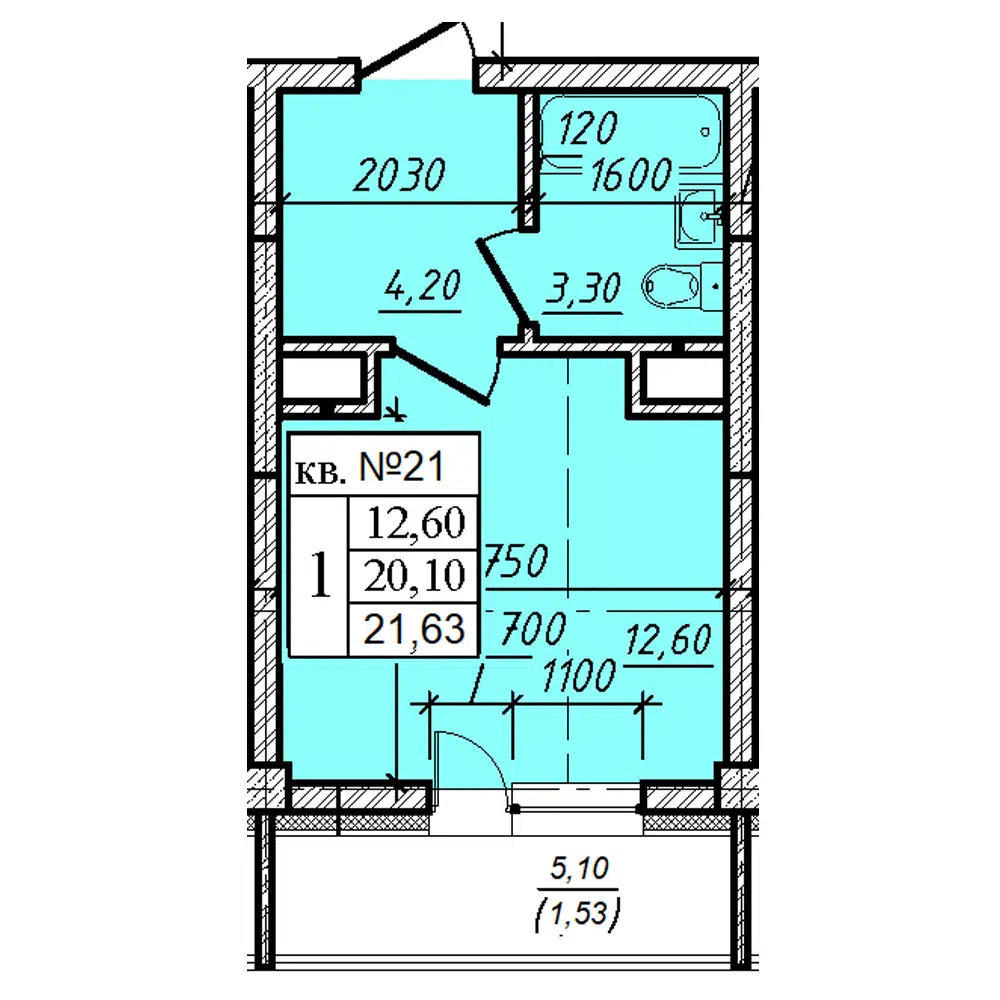 Планировка: 1-комн. квартира 21.63 м² в новостройке Дом на 6-й Линии