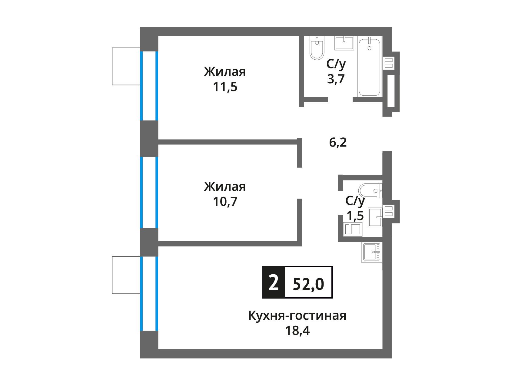 Планировка: 2-комн. квартира 52.00 м² в новостройке Никольский квартал Отрада