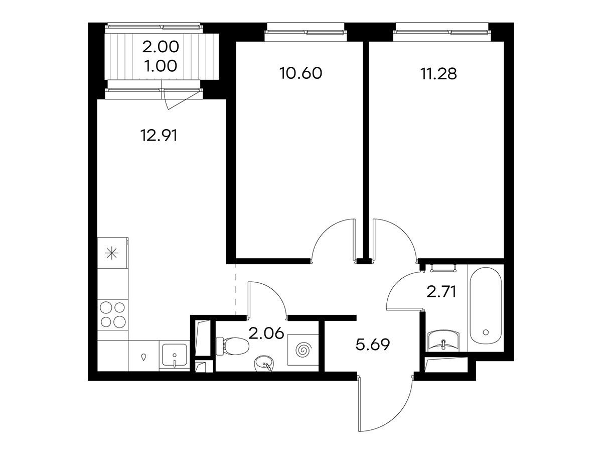 Планировка: 2-комн. квартира 46.25 м² в новостройке Глоракс Новоселье