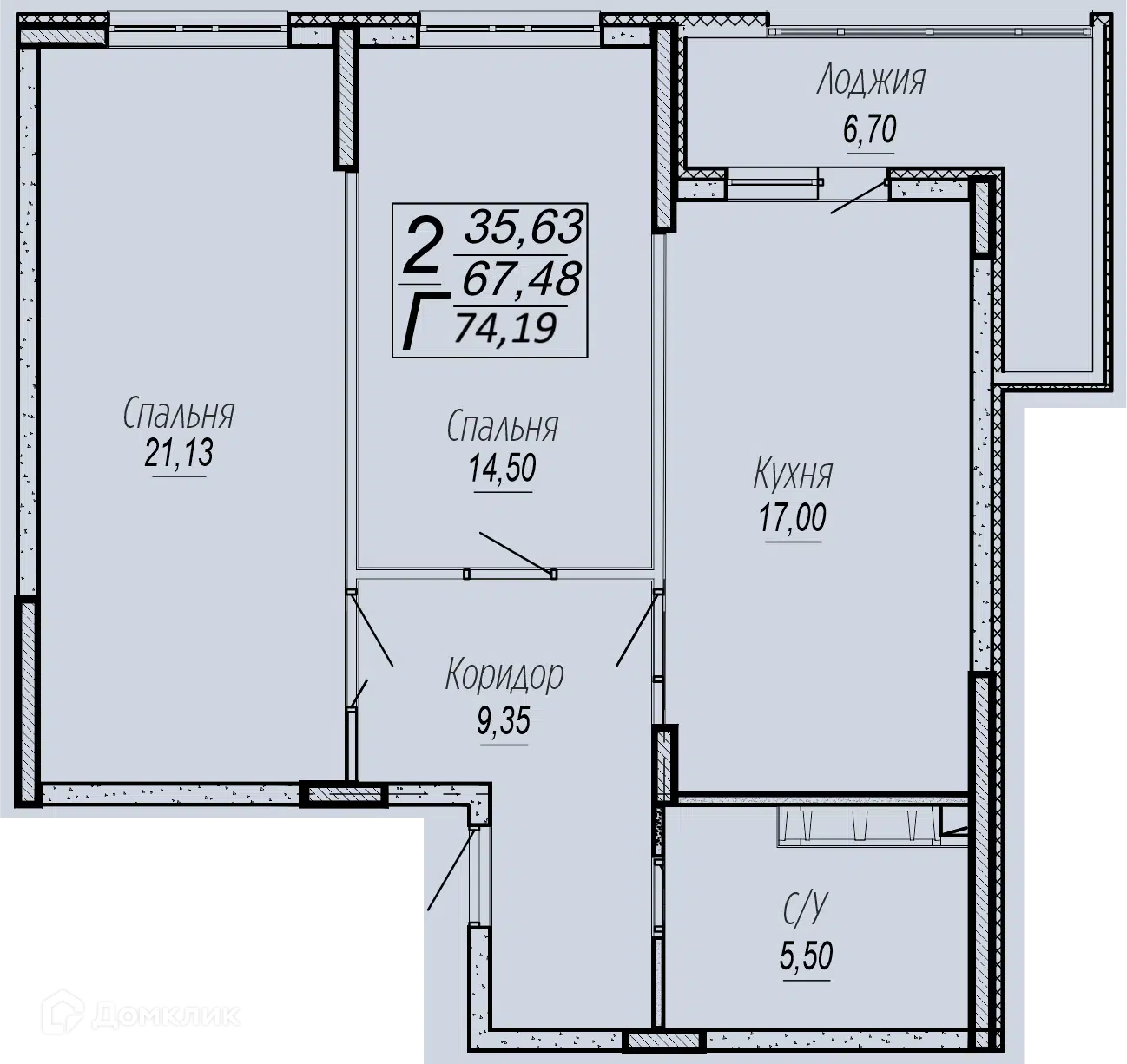 Планировка: 2-комн. квартира 74.19 м² в новостройке Спутник