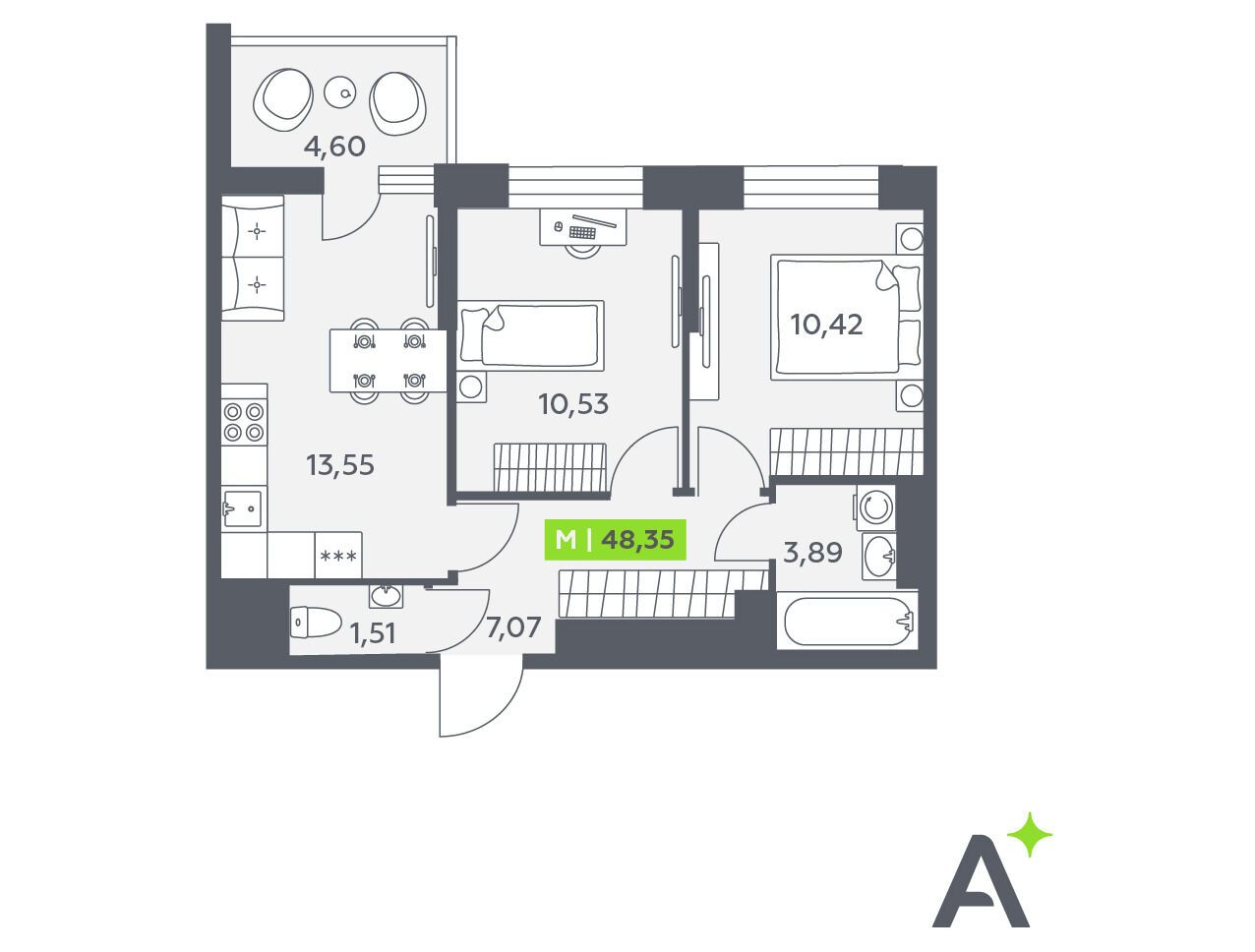 Планировка: 3-комн. квартира 48.35 м² в новостройке Аквилон Верба