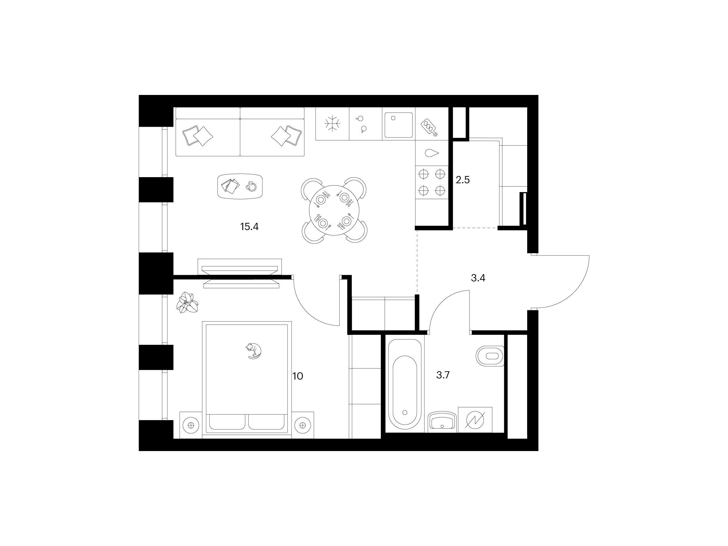 Планировка: 1-комн. квартира 35.00 м² в новостройке Строгино 360