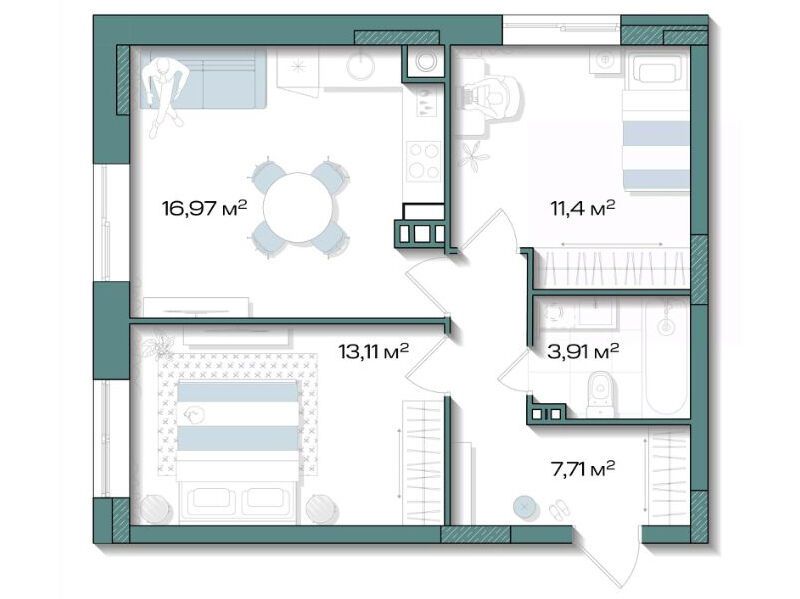 Планировка: 2-комн. квартира 53.10 м² в новостройке Аксиома. Возрождение