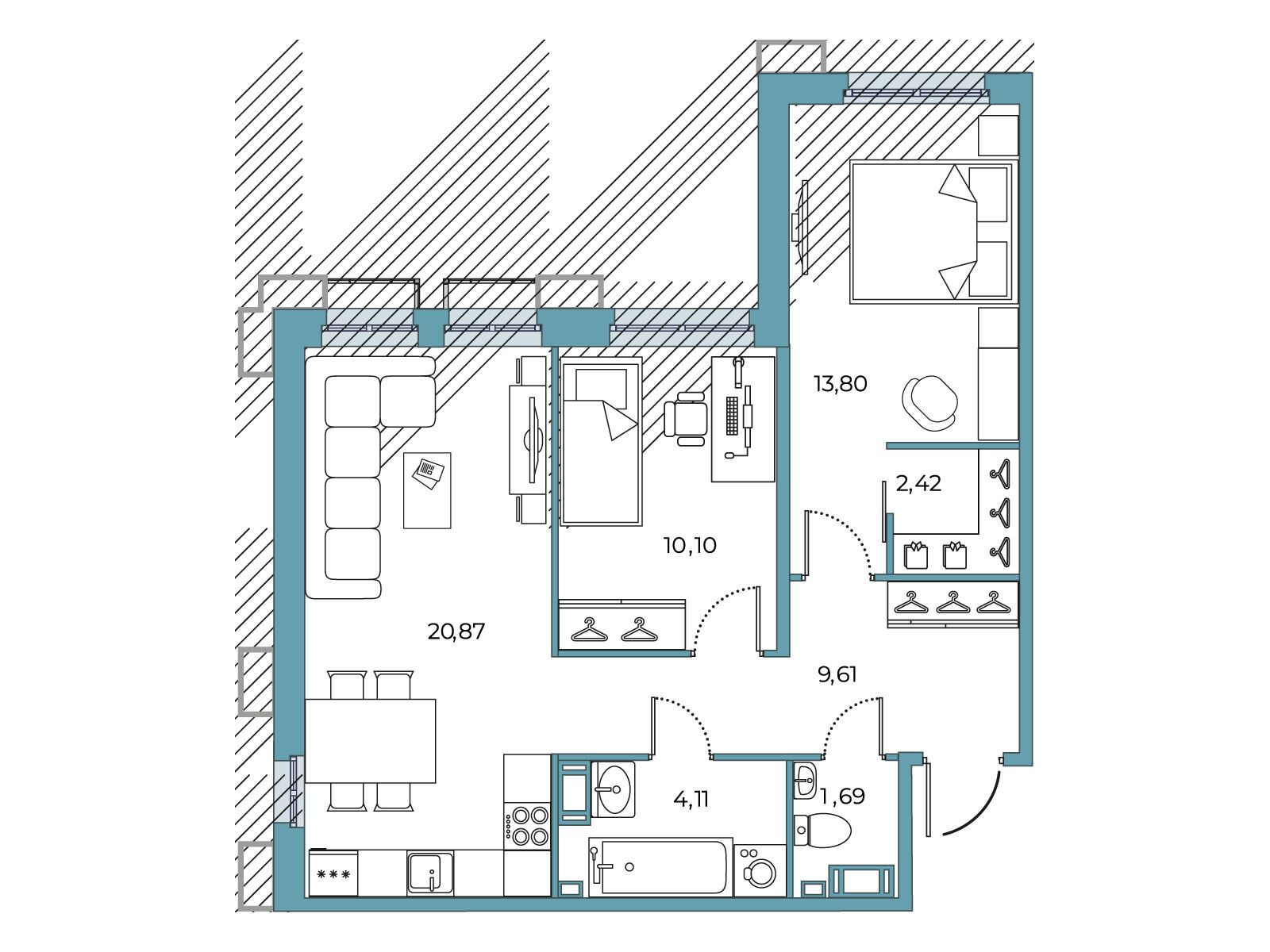 Планировка: 2-комн. квартира 62.60 м² в новостройке Взлетная 16