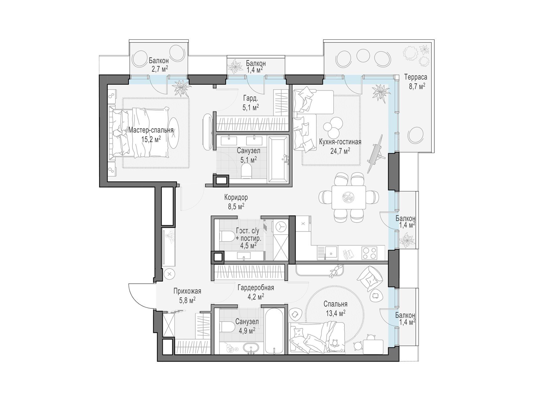 Планировка: 2-комн. квартира 96.30 м² в новостройке Тишинский бульвар