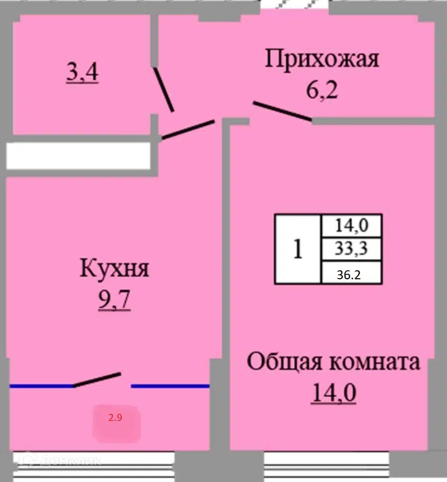 Планировка: 1-комн. квартира 36.20 м² в новостройке Аквамарин