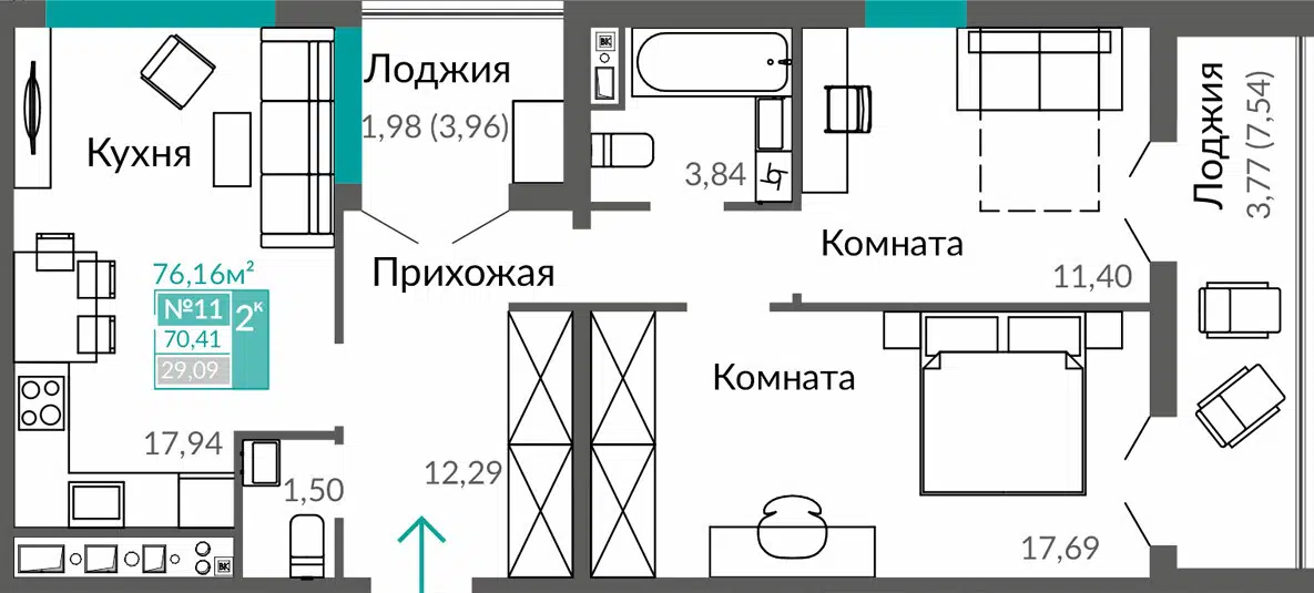 Планировка: 2-комн. квартира 70.41 м² в новостройке ЖК Горизонты
