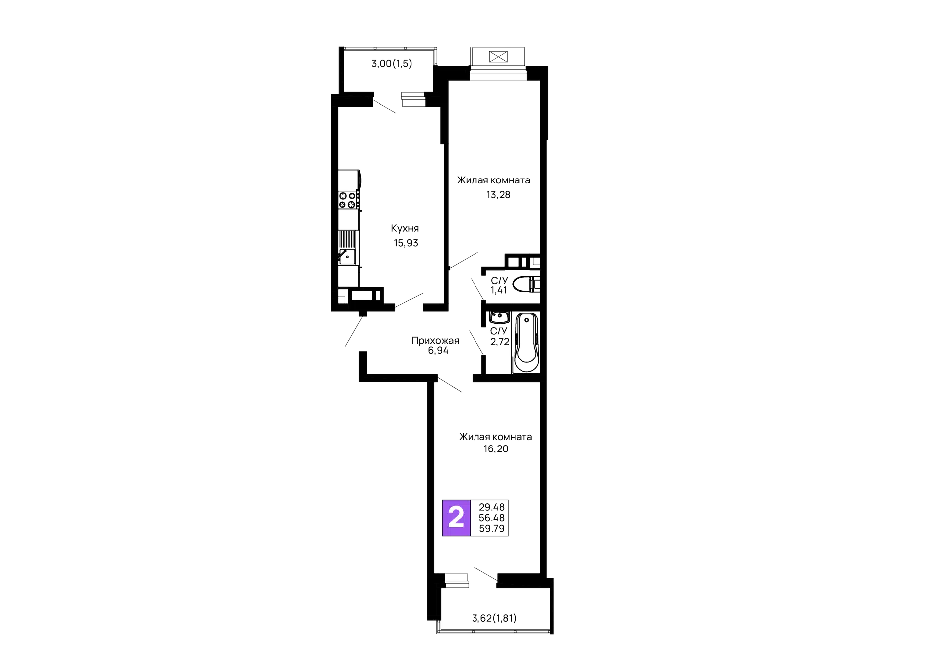 Планировка: 2-комн. квартира 59.79 м² в новостройке ЖК Долина