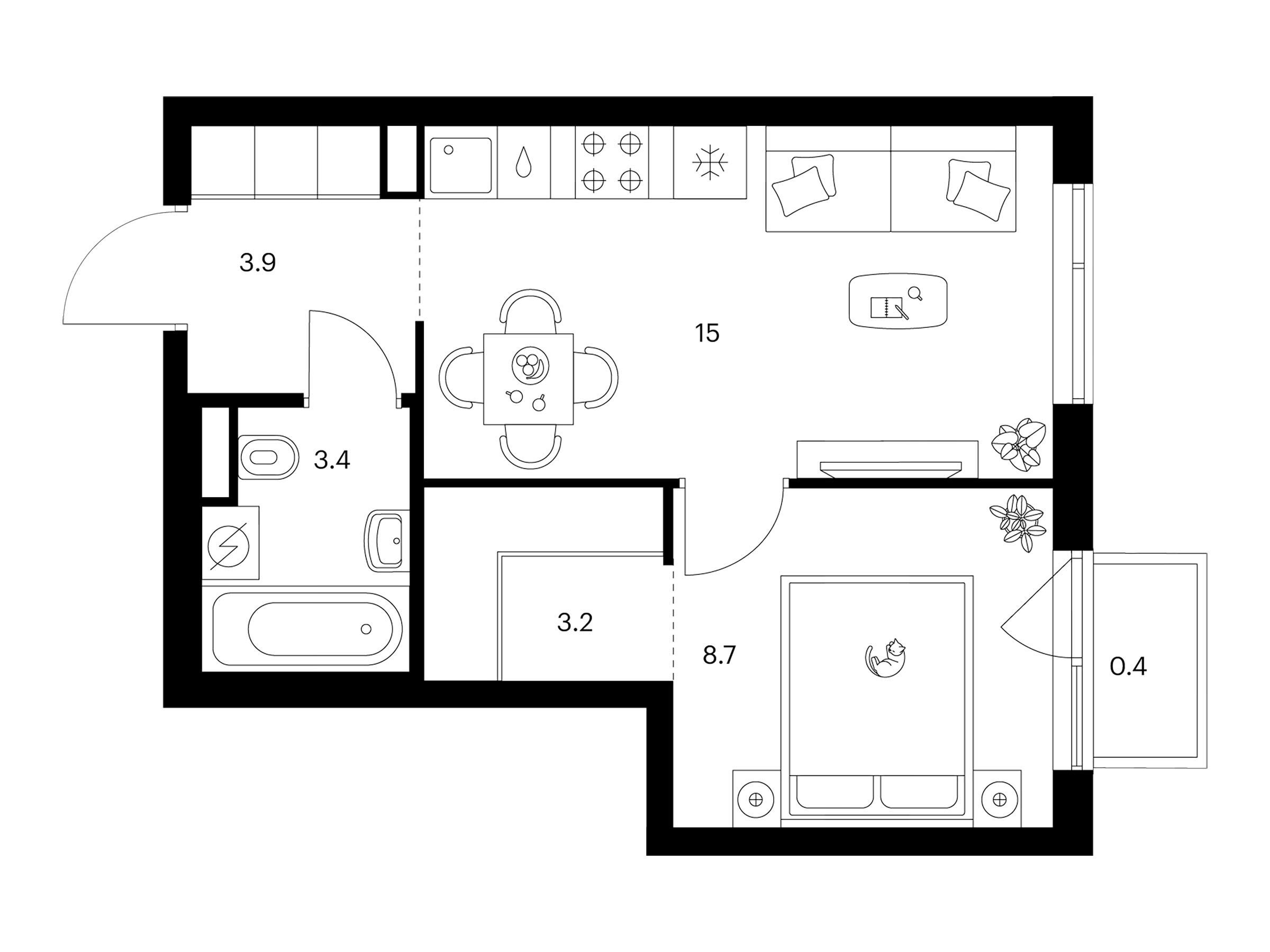 Планировка: 1-комн. квартира 34.60 м² в новостройке Бунинская набережная