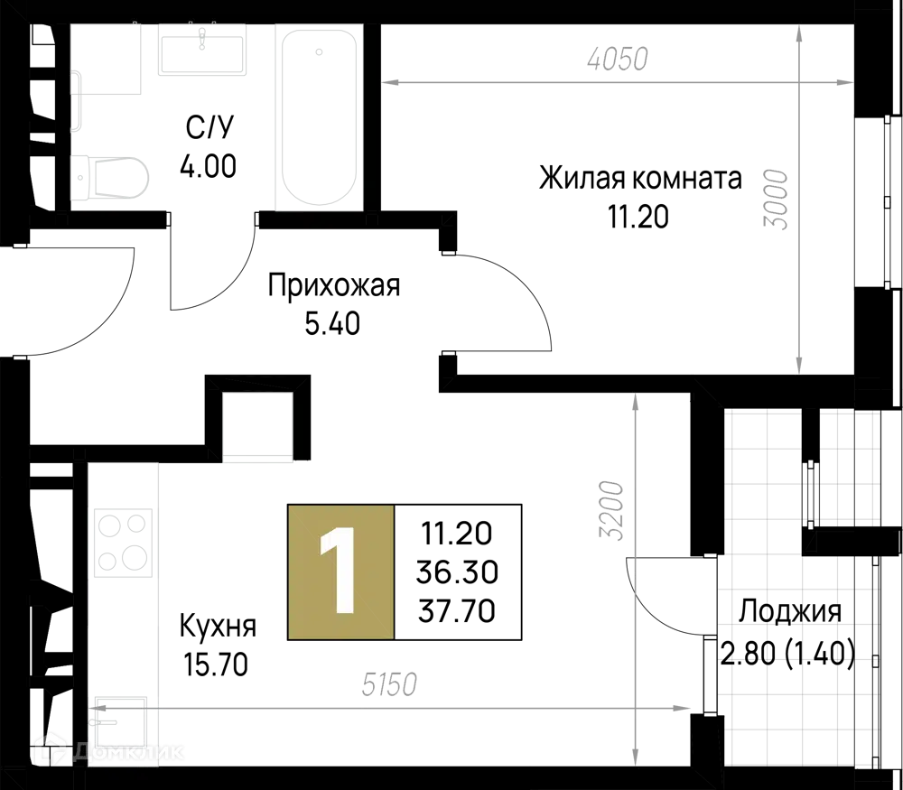 Планировка: 1-комн. квартира 37.70 м² в новостройке На Высоком берегу