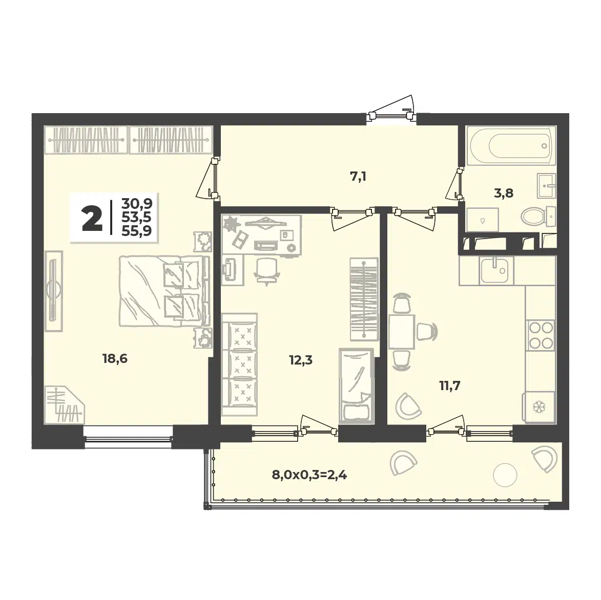 Планировка: 2-комн. квартира 55.90 м² в новостройке ЖК Лето