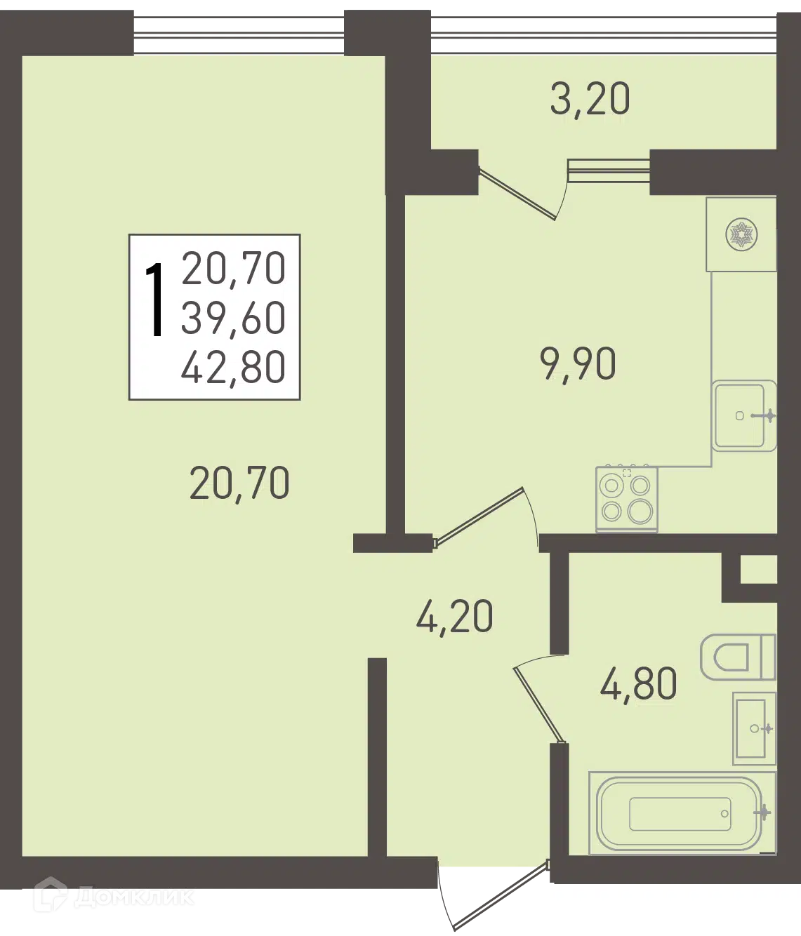 Планировка: 1-комн. квартира 42.80 м² в новостройке Югге