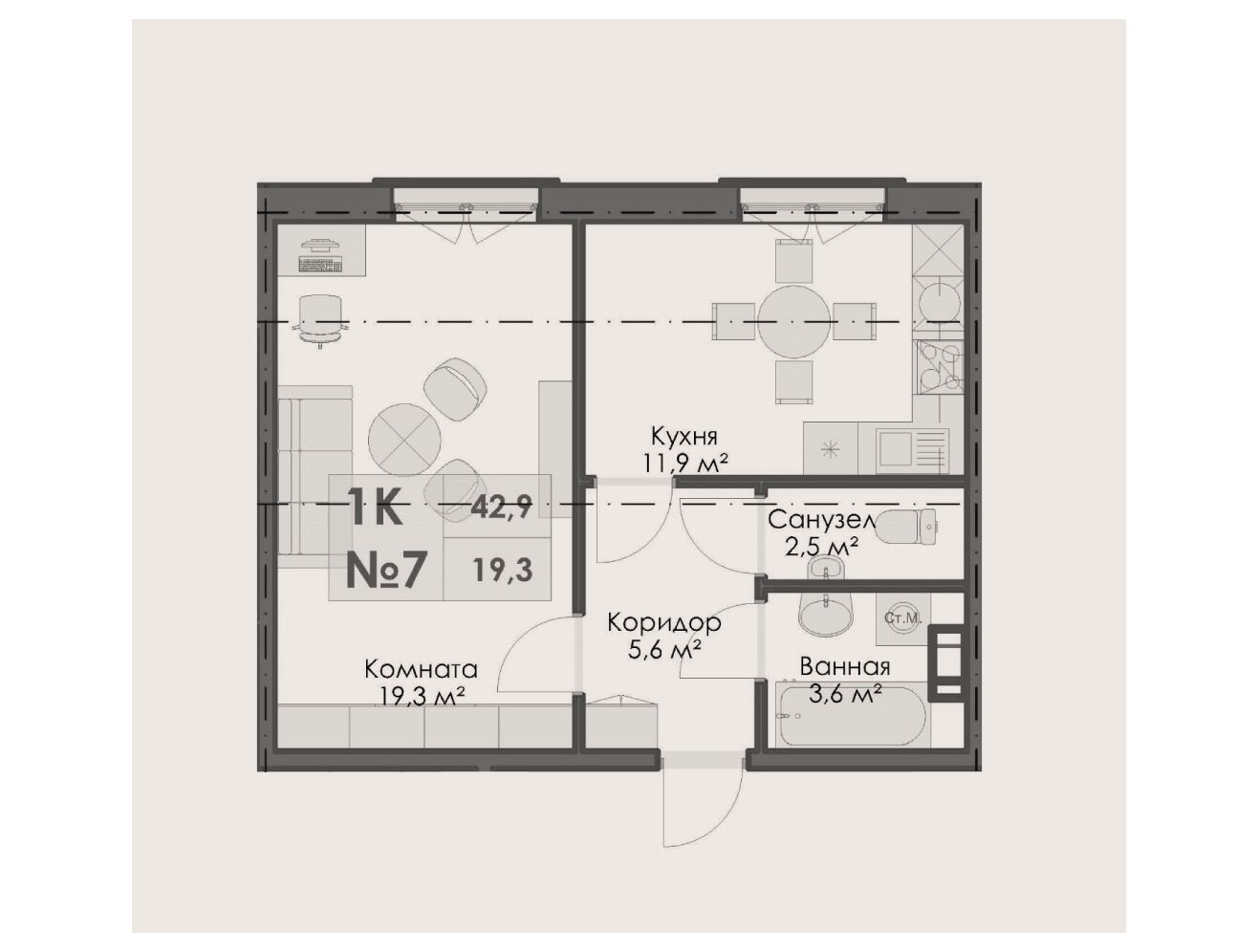 Планировка: 1-комн. квартира 42.90 м² в новостройке На Большом Смоленском