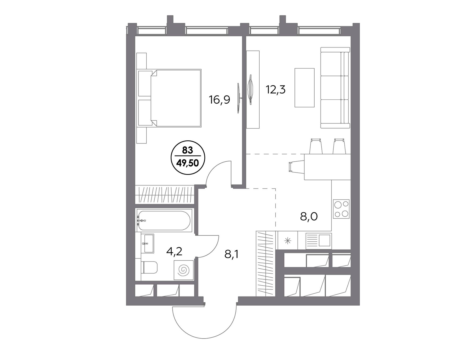 Планировка: 1-комн. квартира 49.50 м² в новостройке Дом 56
