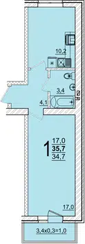 Планировка: 1-комн. квартира 35.70 м² в новостройке ЖК Дарград