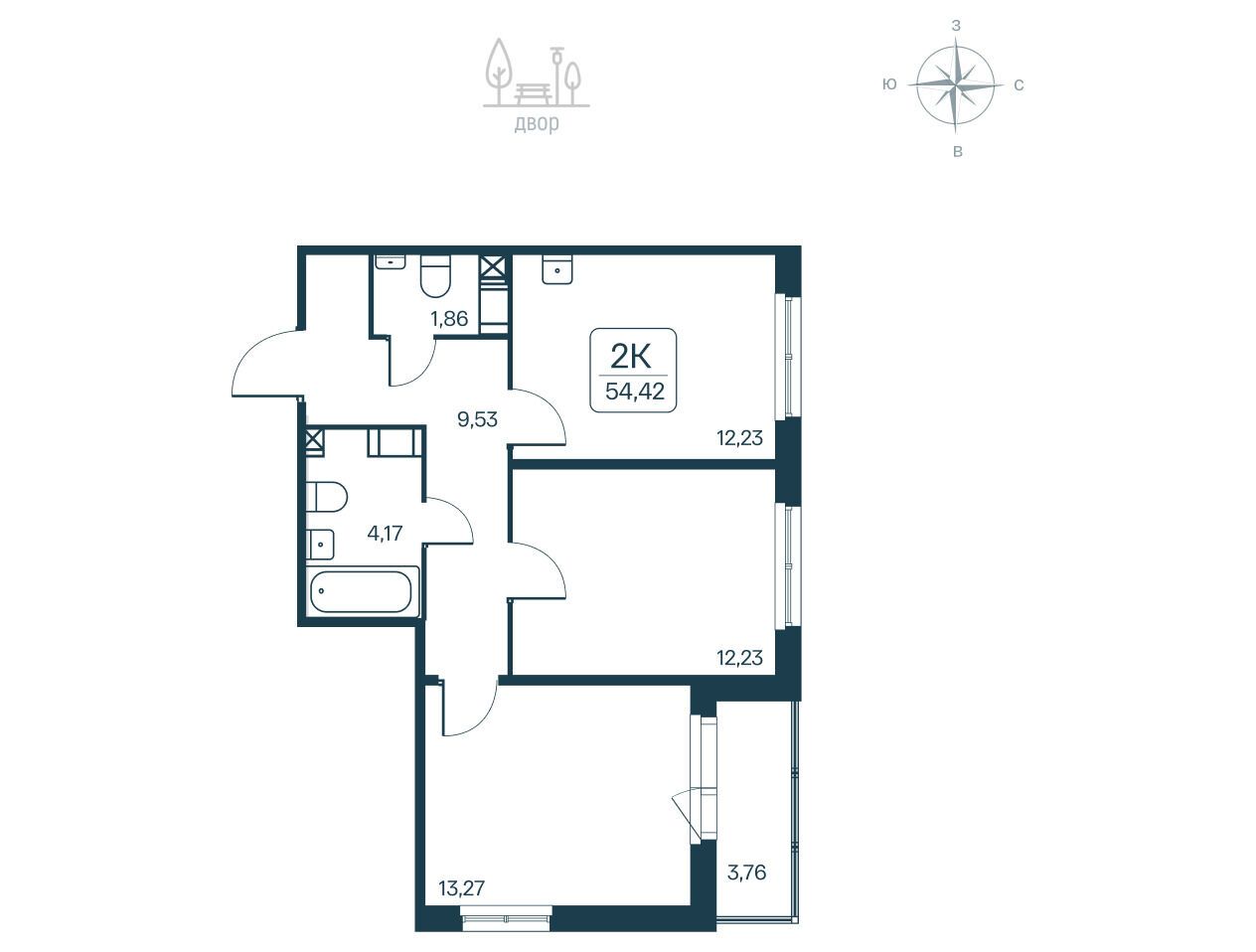 Планировка: 2-комн. квартира 54.42 м² в новостройке Расцветай в Янино