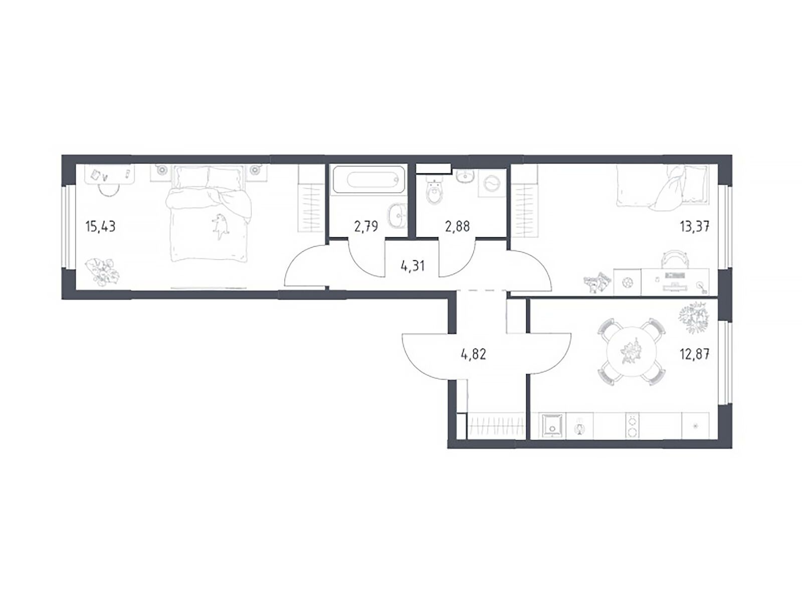 Планировка: 2-комн. квартира 56.47 м² в новостройке Горки Парк