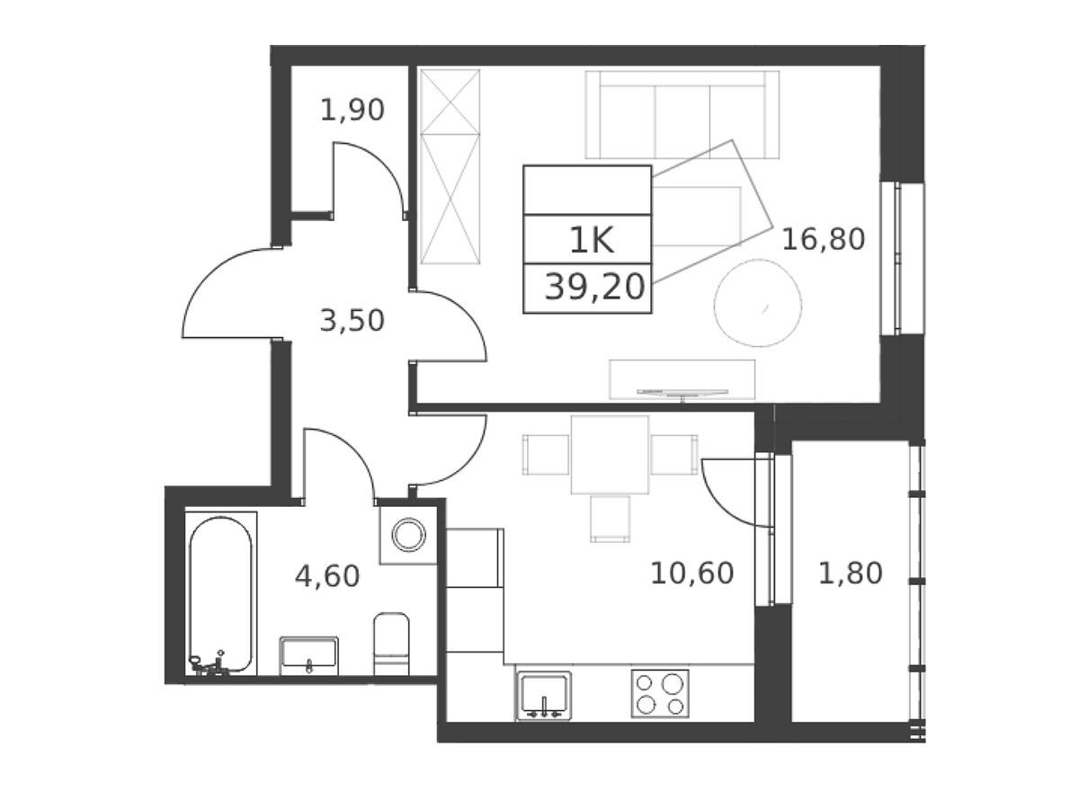 Планировка: 1-комн. квартира 39.20 м² в новостройке Октябрьский