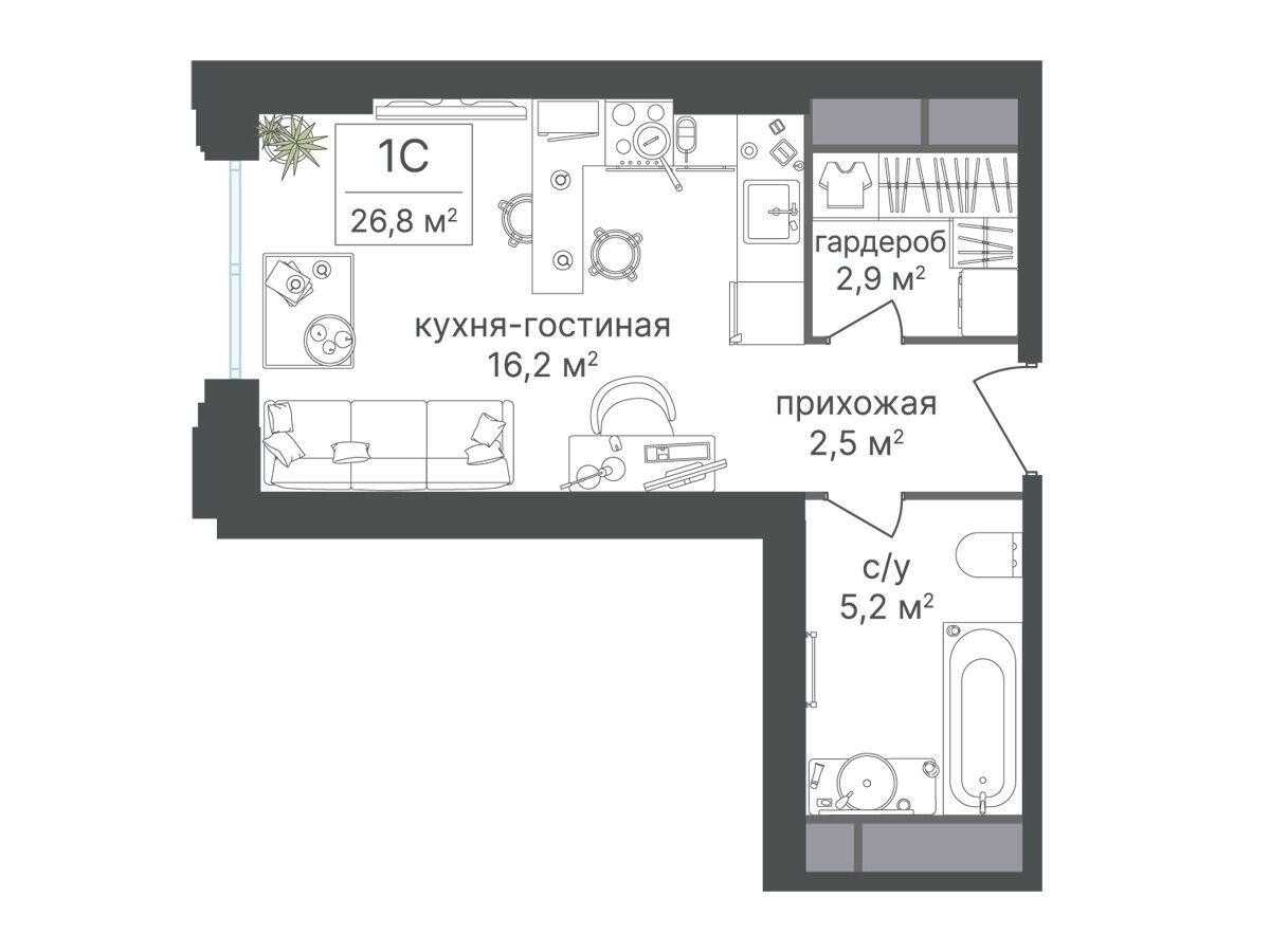 Планировка: Студия 26.80 м² в новостройке Варшавские ворота