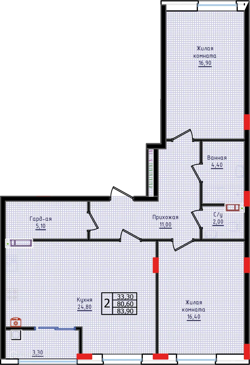 Планировка: 2-комн. квартира 83.90 м² в новостройке Суворов
