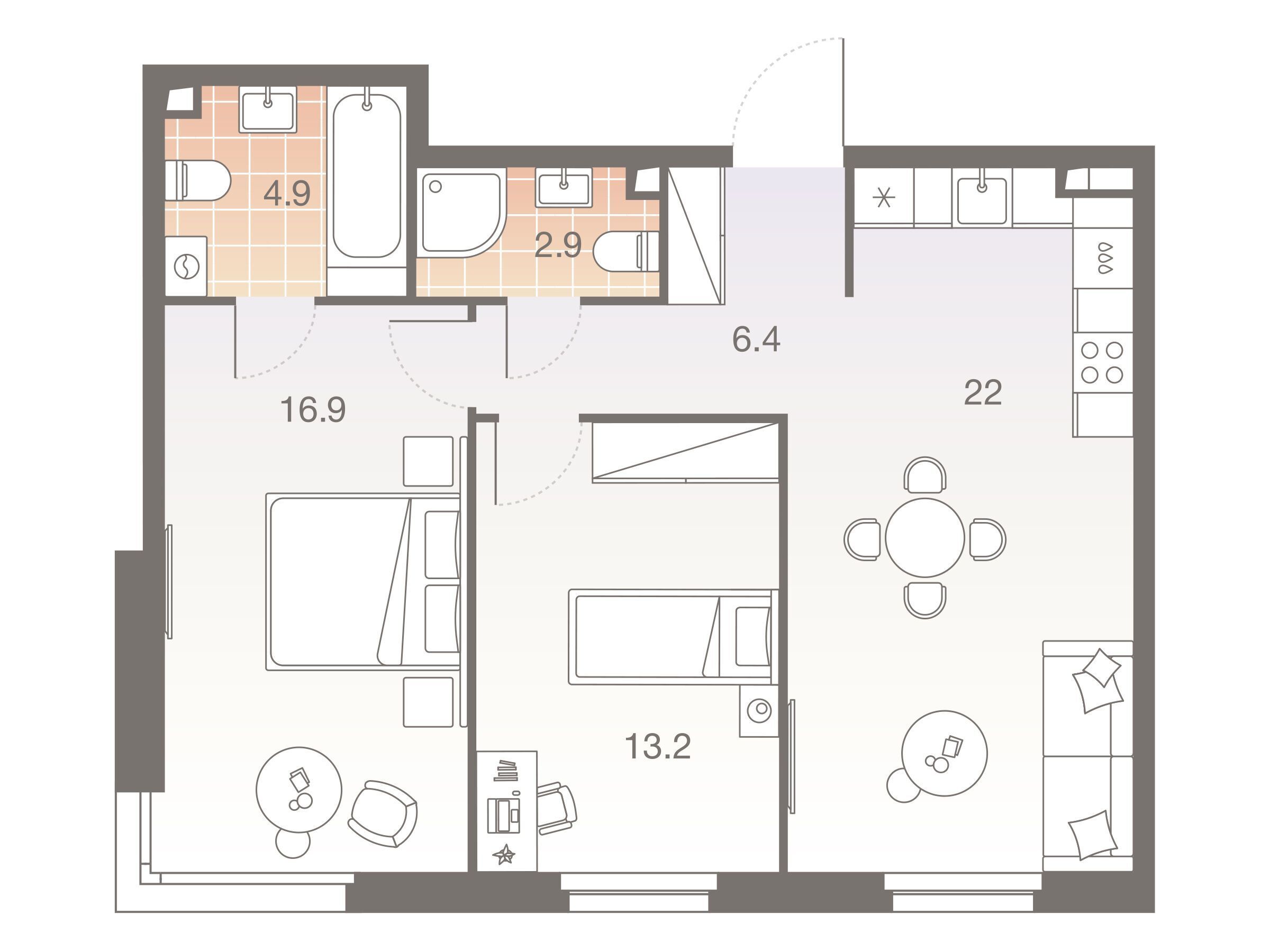 Планировка: 3-комн. квартира 66.40 м² в новостройке Твелв
