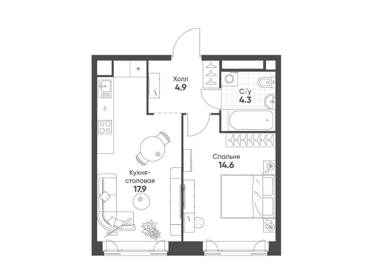 Планировка: 1-комн. квартира 41.70 м² в новостройке Мариин Парк