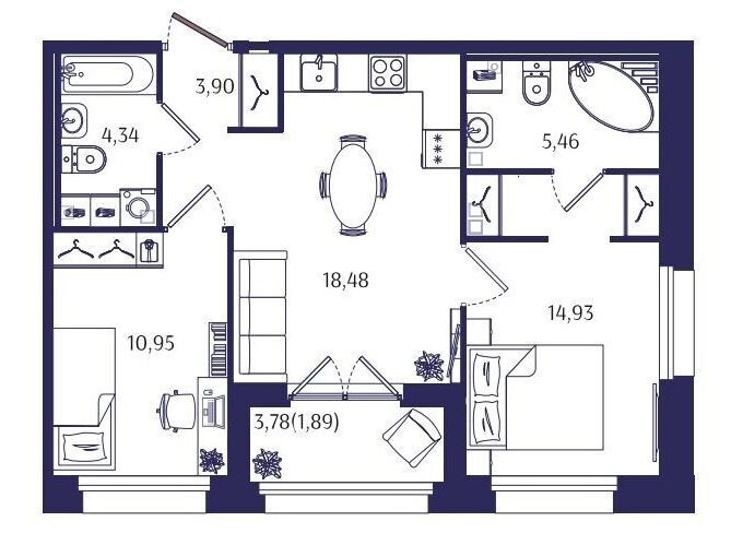 Планировка: 2-комн. квартира 59.95 м² в новостройке Ранта Резиденс