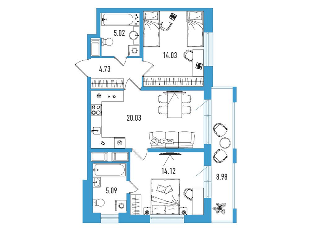 Планировка: 2-комн. квартира 65.71 м² в новостройке Искра Сити