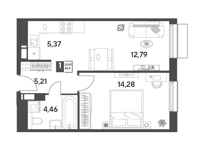 Планировка: 1-комн. квартира 42.11 м² в новостройке Публицист
