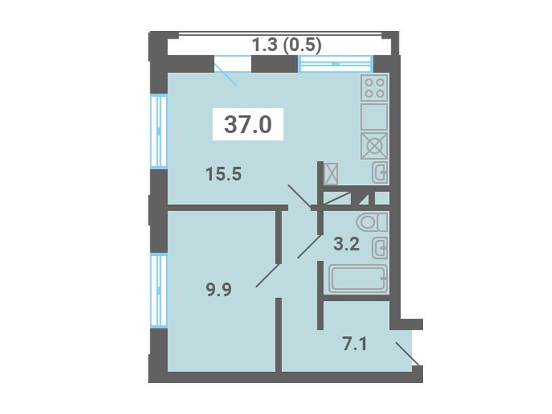 Планировка: 1-комн. квартира 37.00 м² в новостройке ЖК Южная долина