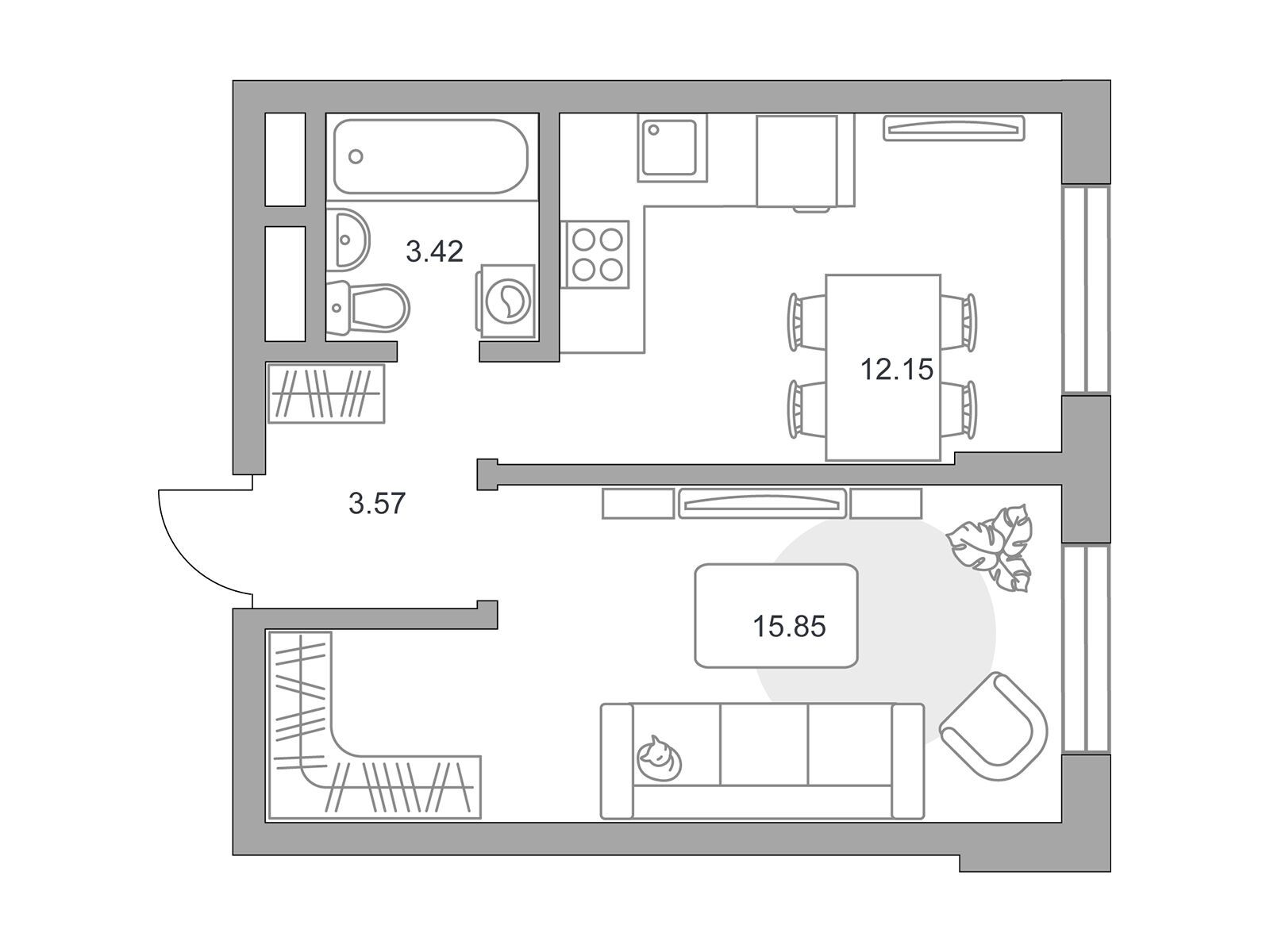 Планировка: 1-комн. квартира 34.99 м² в новостройке Живописный