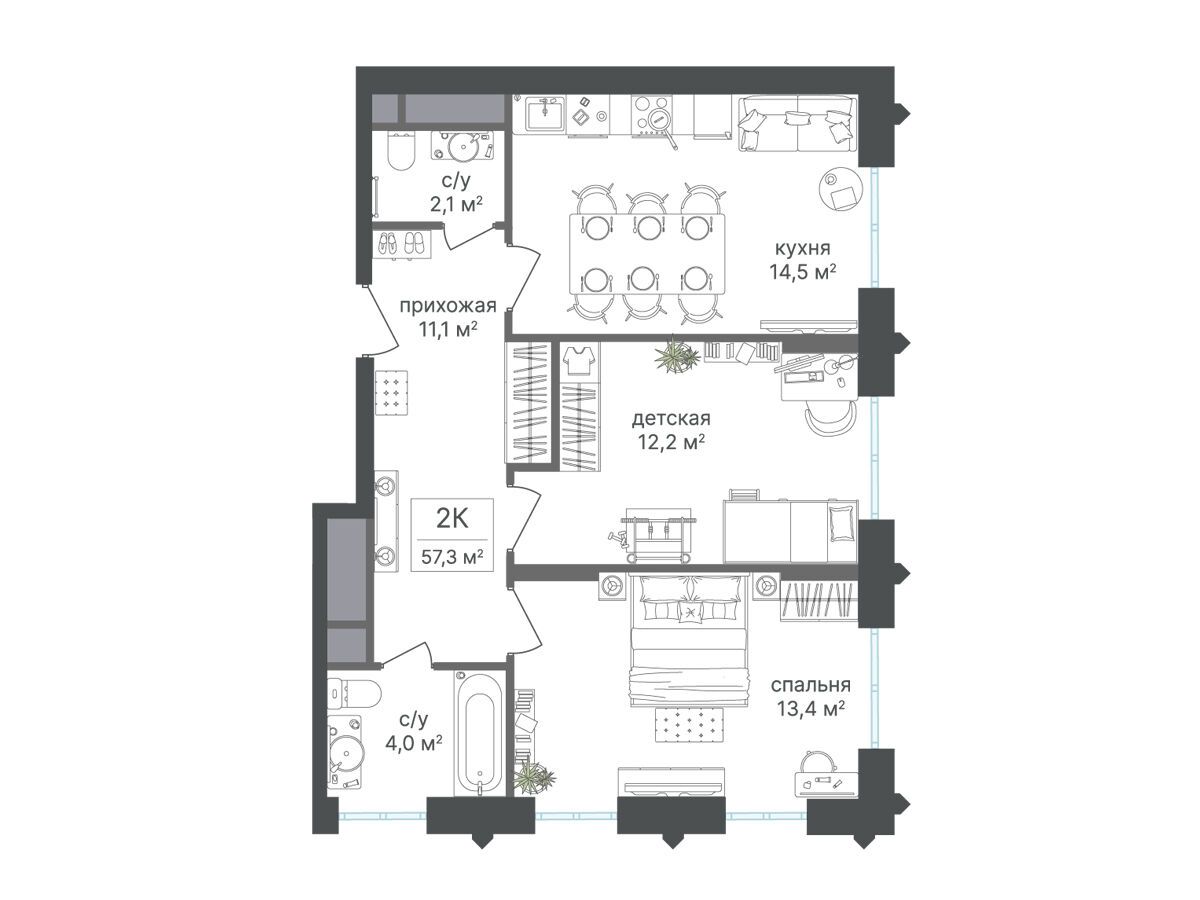 Планировка: 2-комн. квартира 57.30 м² в новостройке Варшавские ворота