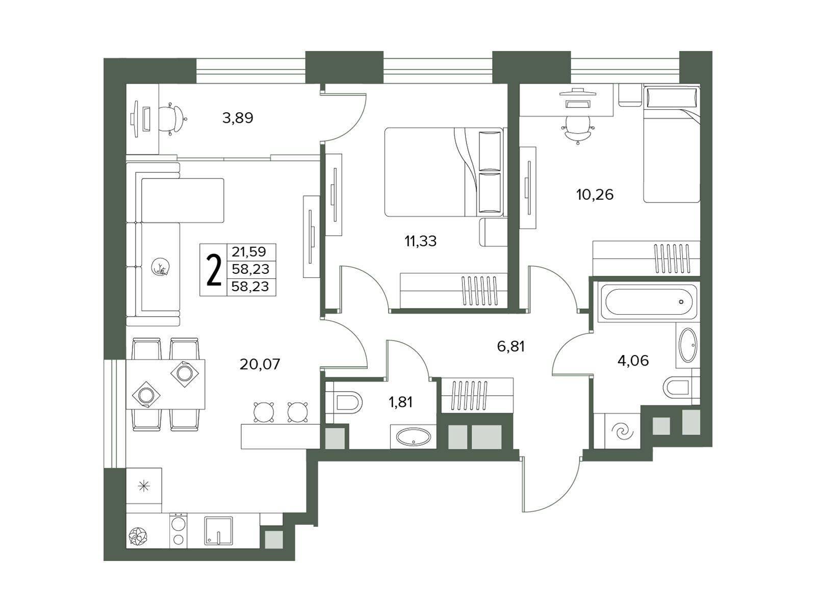Планировка: 2-комн. квартира 58.23 м² в новостройке Городской бор