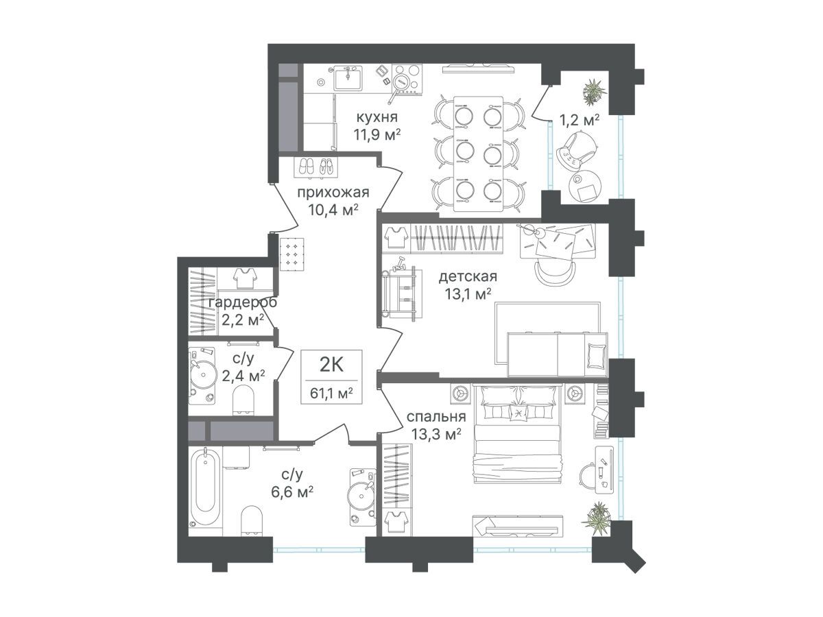 Планировка: 2-комн. квартира 61.00 м² в новостройке Варшавские ворота