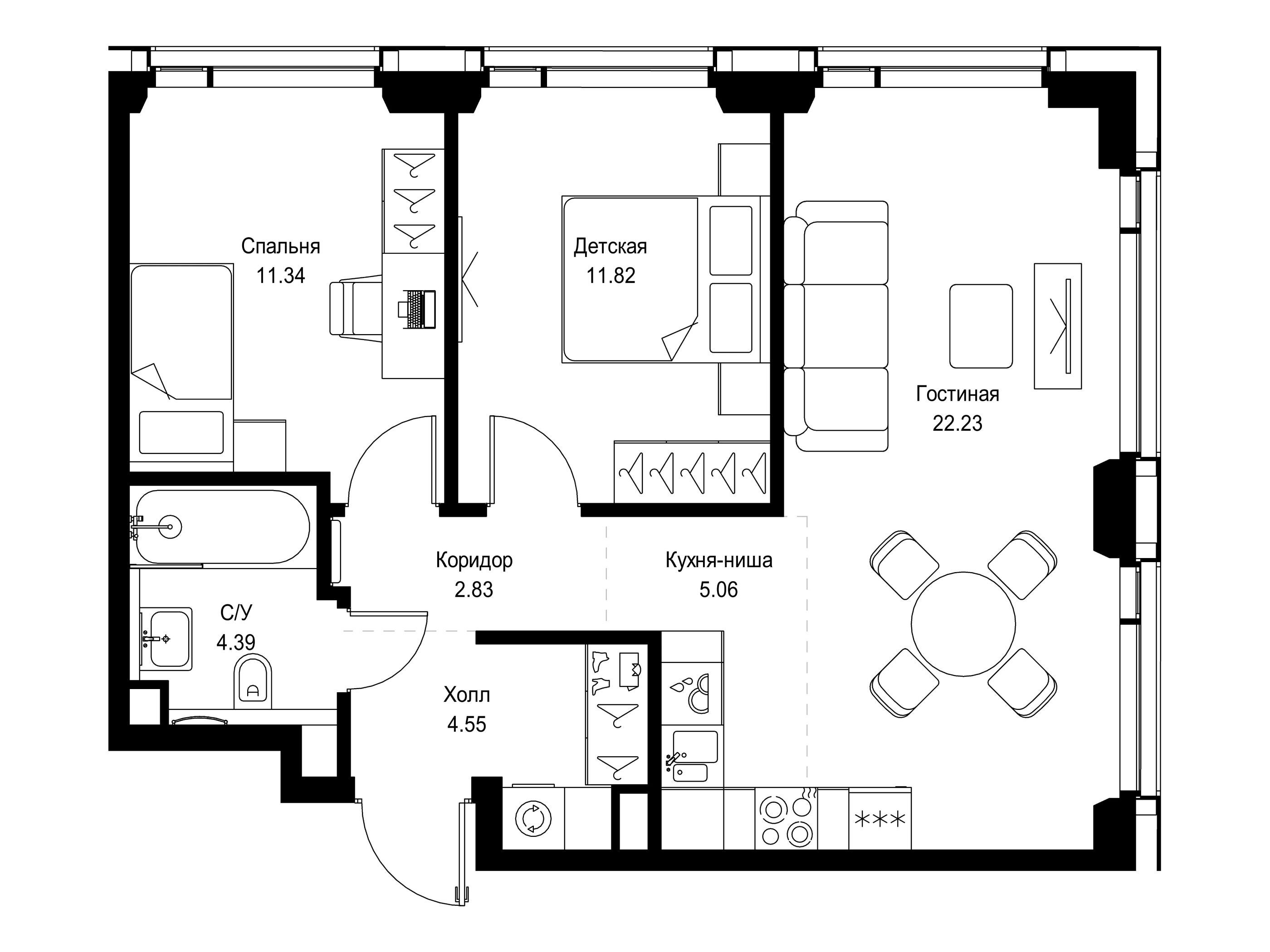 Планировка: 2-комн. квартира 62.22 м² в новостройке Сет