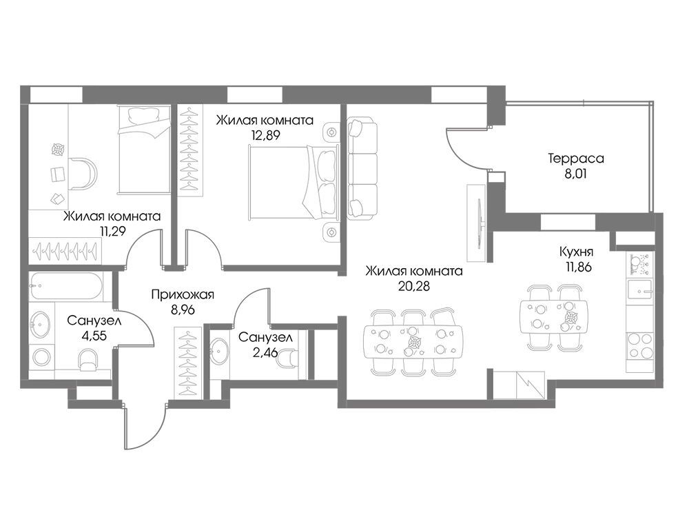Планировка: 3-комн. квартира 74.69 м² в новостройке Резиденция Рощино