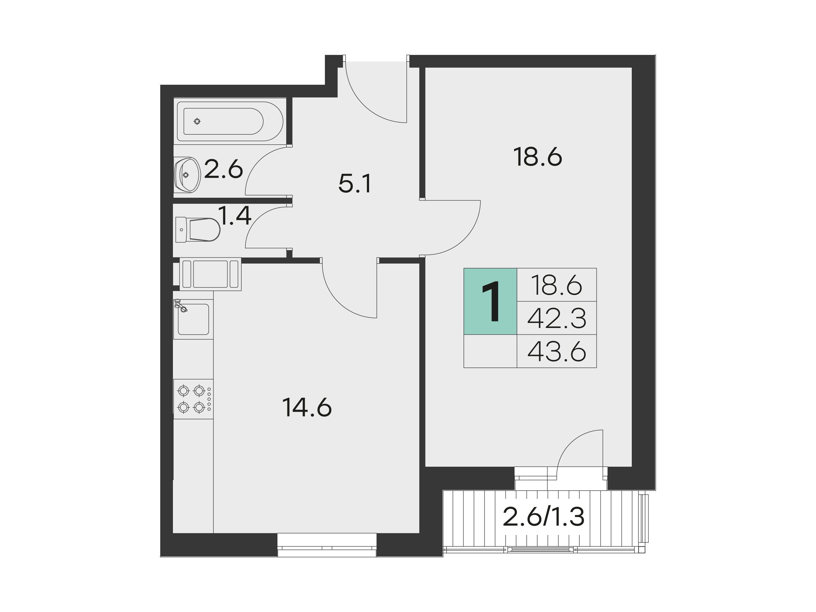 Планировка: 1-комн. квартира 43.60 м² в новостройке Олимп