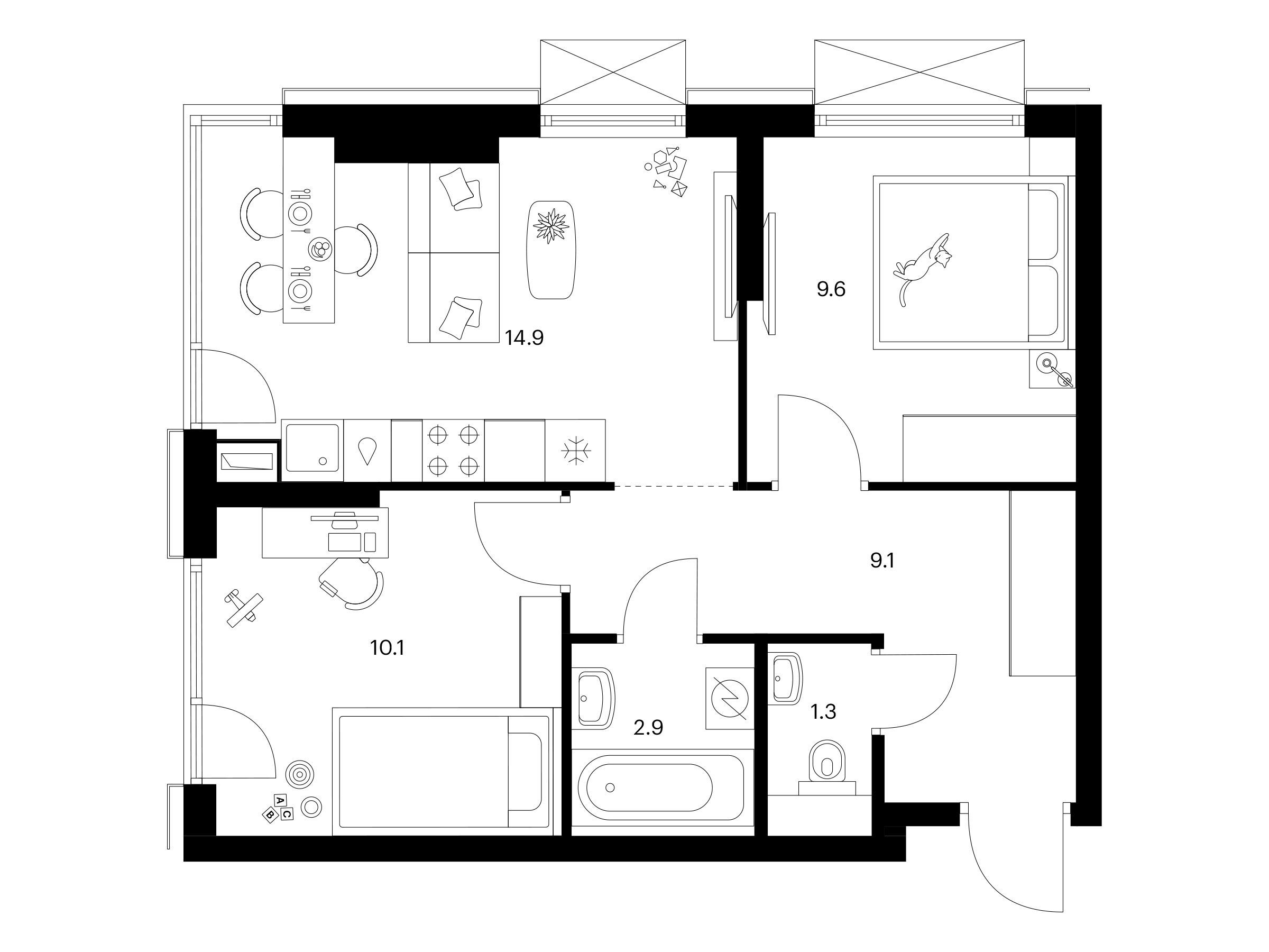 Планировка: 2-комн. квартира 47.90 м² в новостройке 2-й Иртышский