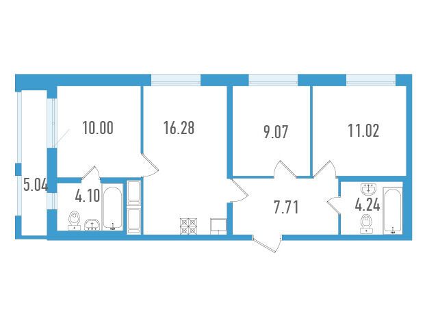 Планировка: 3-комн. квартира 63.93 м² в новостройке ЖК Старлайт
