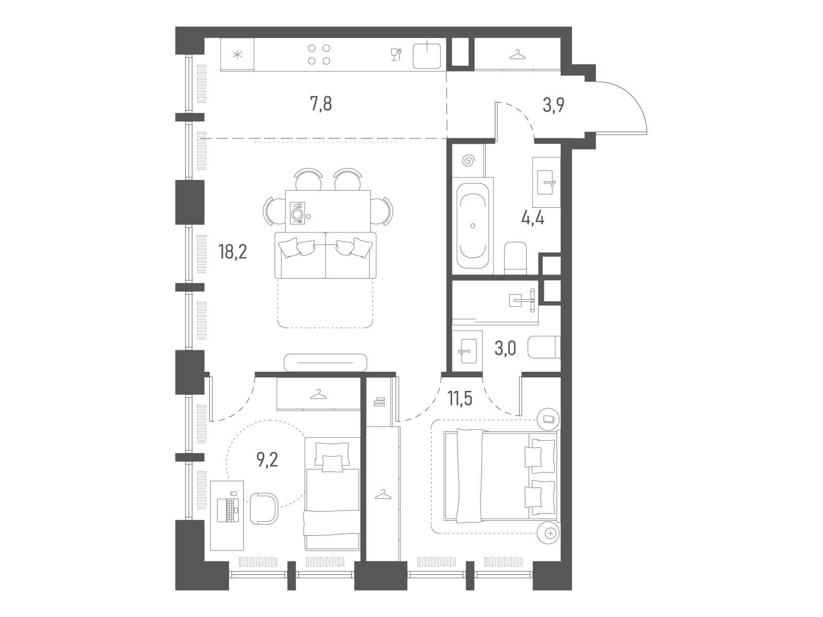 Планировка: 2-комн. квартира 58.00 м² в новостройке Среда на Лобачевского
