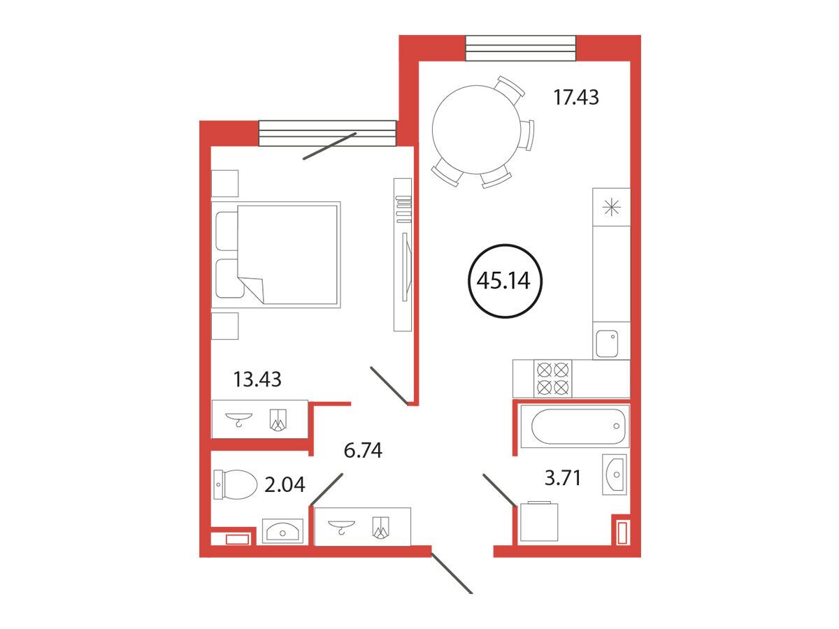 Планировка: 1-комн. квартира 45.14 м² в новостройке Энфилд